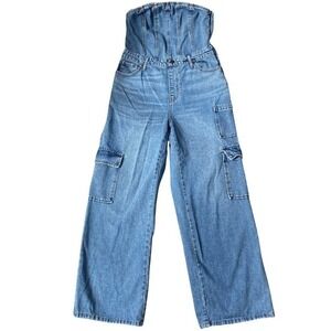 Wild Fable Wide Leg Tube Cargo Jumpsuit M Utility Coquette Strapless Blue Denim